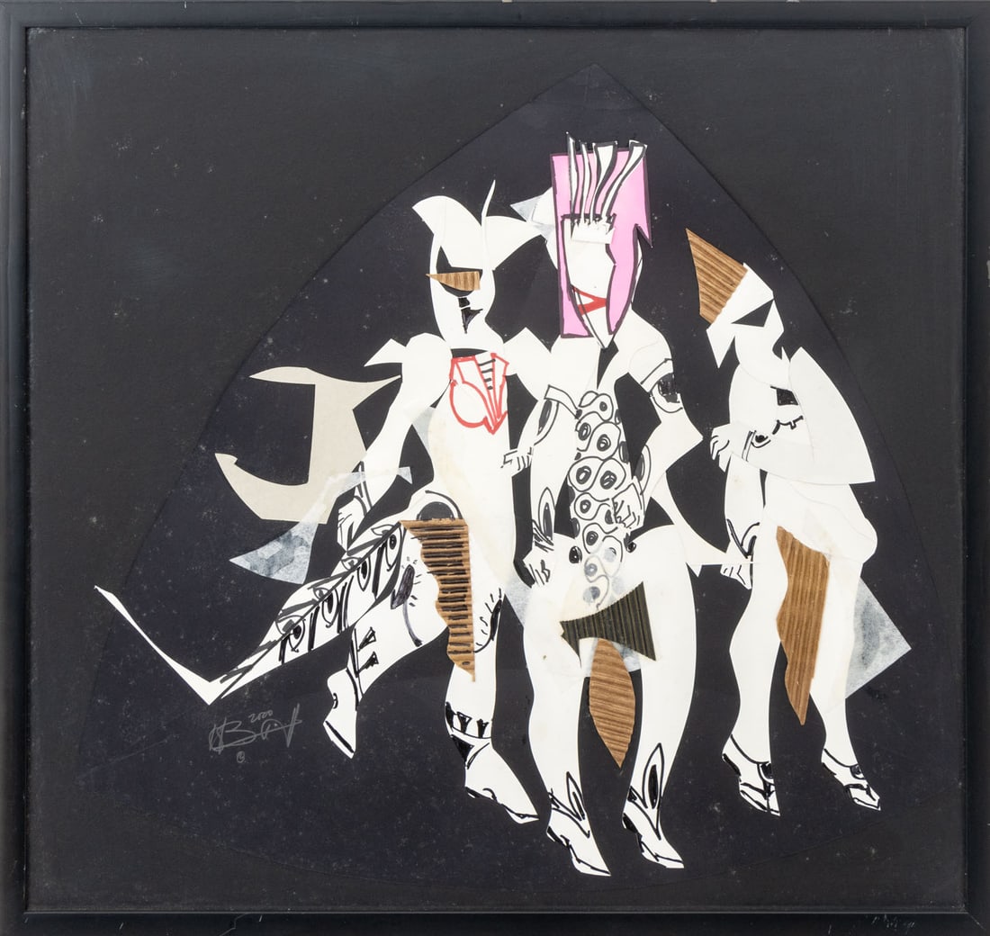 Herb Glenn Bennett Figural Group Collage, 2000: Herb Glenn Bennett (American, XX-XXI), Abstract Figural Group, Collage on Paper, 2000, signed in pencil and dated lower left, ebonized wood frame. Image: 24.5" H x 26.25" W; frame: 26" H x 27.75" W x