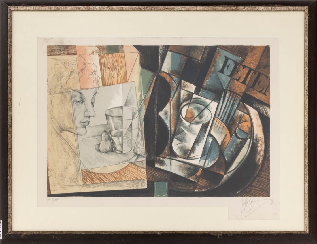Illegibly Signed Neo-Cubist Print on Paper, 1988: 20th Century School, Neo-Cubist Scene, Print in Colors on Paper, 1988, signed and dated lower left, marked "P/A X/XXV" lower left, wood frame. Image: 19.5" H x 27" W; frame: 27.5" H x 35.5" W. x 1" D.