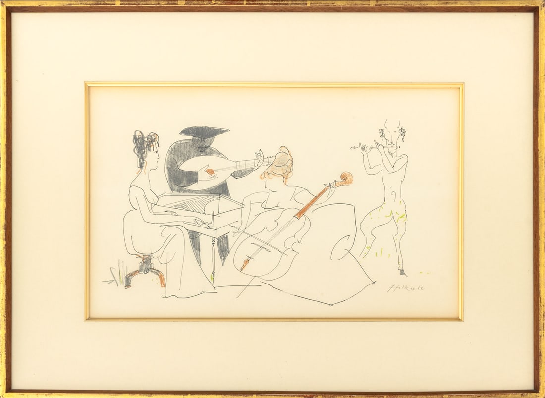 Signed Musicians Mixed Media on Paper, 1962: 20th Century School, Musicians Scene, Mixed Media on Paper, 1962, signed "Hilkes" and dated lower right, wood frame. Image: 11" H x 18" W; frame: 20" H x 26.75" W x 1.75" D. Provenance: From a New Yor