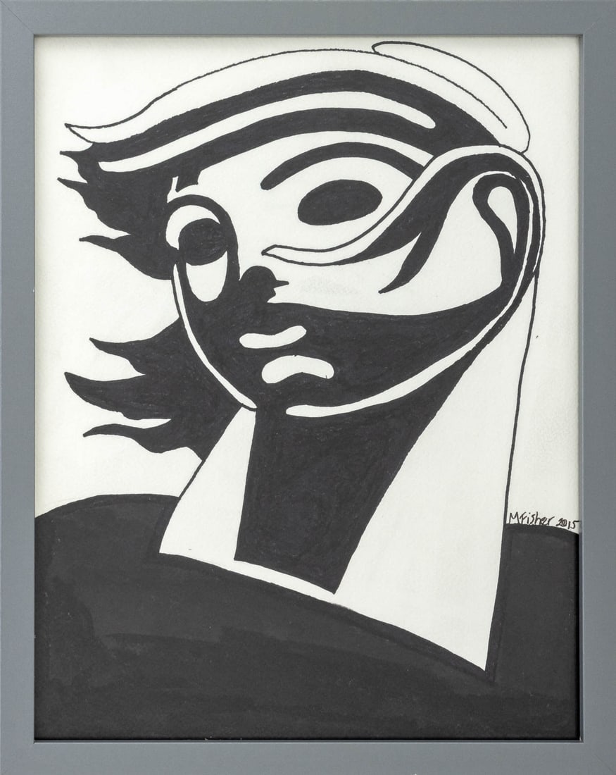 M. Fisher Stylized Portrait Marker on Paper, 2015: M. Fisher (American, XX), Stylized Portrait, Marker on Paper, 2015, signed and dated lower right, gray metal frame. Image: 13.5" H x 10.5" W; frame: 15" H x 12" W x 0.75" D. Provenance: From an East V