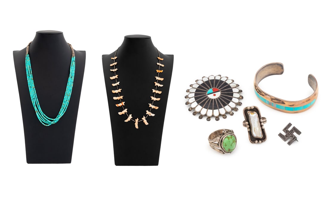 Navajo Dine, Hopi, & Zuni Jewelry, 7 Pcs.: Group of Seven Navajo Dine, Hopi, and Zuni Jewelry Pieces, comprising: a turquoise silver ring size 6 1/2, a pearl and silver ring size 7, a silver whirling log pin marked "Sterling", a Zuni mother-of