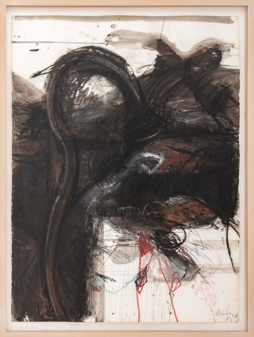 Robert Dandarov Abstract Composition, 1987: Robert Dandarov (Macedonian/American, b. 1959), Abstract Composition, Mixed Media on Paper, 1987, signed in pencil and dated lower right, white painted wood frame. Image: 30" H x 22" W'; frame: 33" H