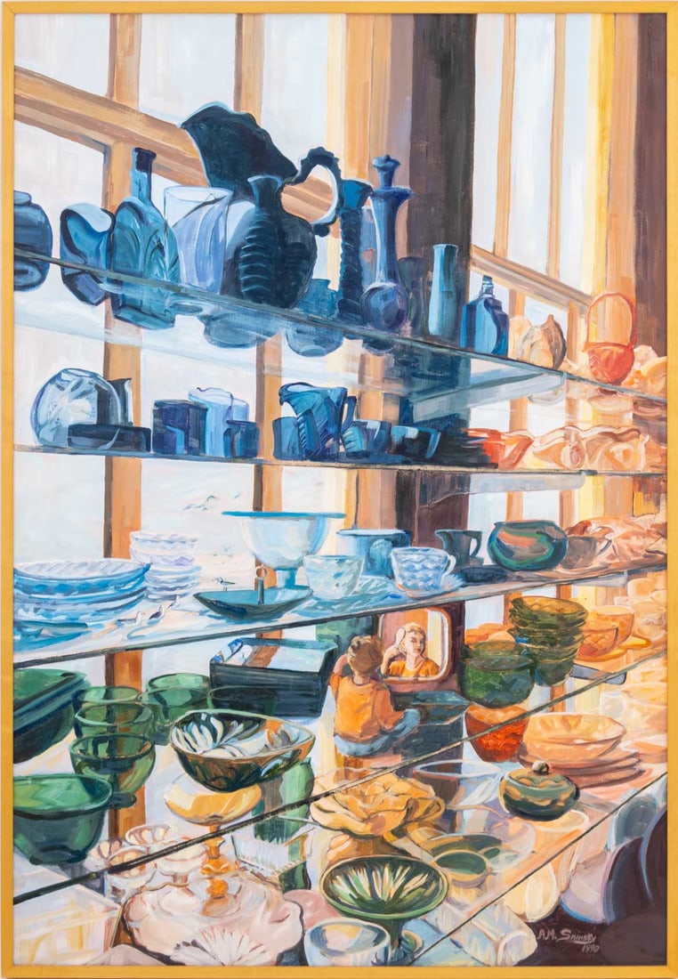 Anna Marie Sninsky "Life Goes On" Oil, 1990: Anna Marie Sninsky (American, 1932-2015), "Life Goes On", Oil on Canvas, 1990, signed and dated lower right, label verso, wood frame. Image: 57.75" H x 39.5" W; frame: 59.25" H x 41.25" W x 2.25" D. P