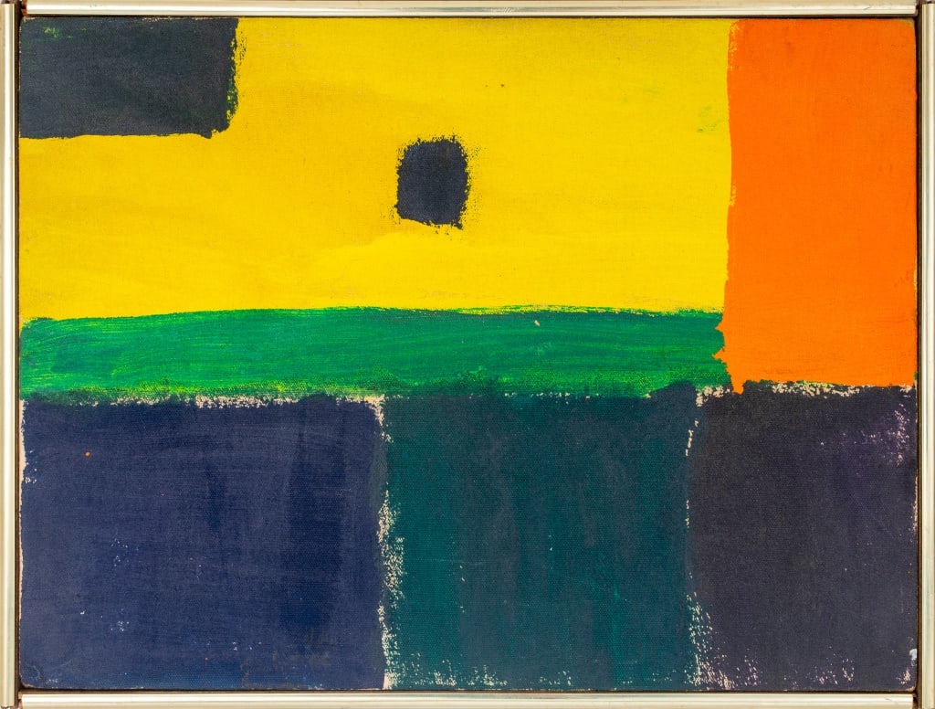 Sara Pines Abstraction Oil on Canvas, 1975: Sara Pines, Abstract Expressionist Composition, Oil on Canvas, October 1975, signed verso, wood and metal frame. Image: 12" H x 16" W; frame: 12.5" H x 16.5" W. Keywords: Paintings, Oil painting,