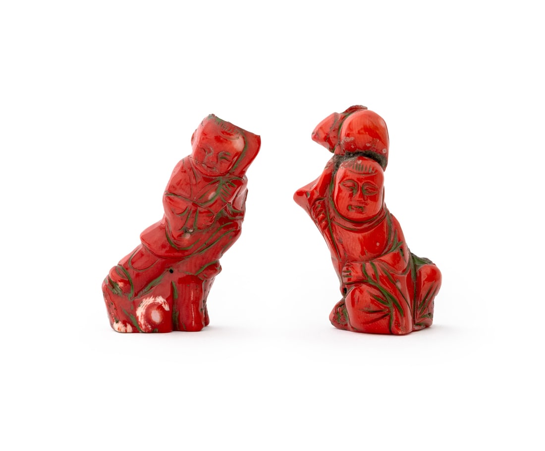 Chinese Carved Red Coral Figurines, Pair (1 of 12)