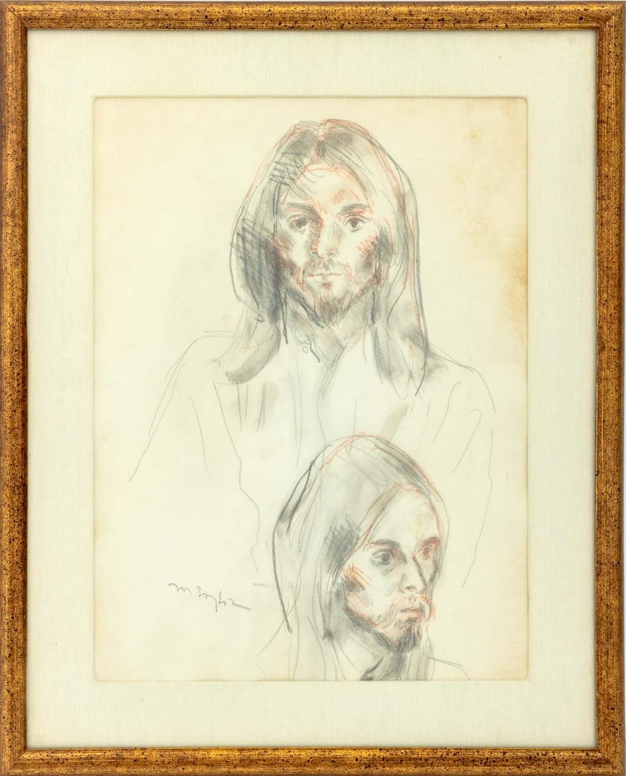 Moses Soyer Portrait Studies Graphite and Pastel: Moses Soyer (American, born Russia, 1899-1974), Portrait Studies, Graphite and Pastel on Paper, signed in pencil lower left, giltwood frame. Image: 15.75" H x 12" W; frame: 21.25" H x 17.25" W x 1.25"