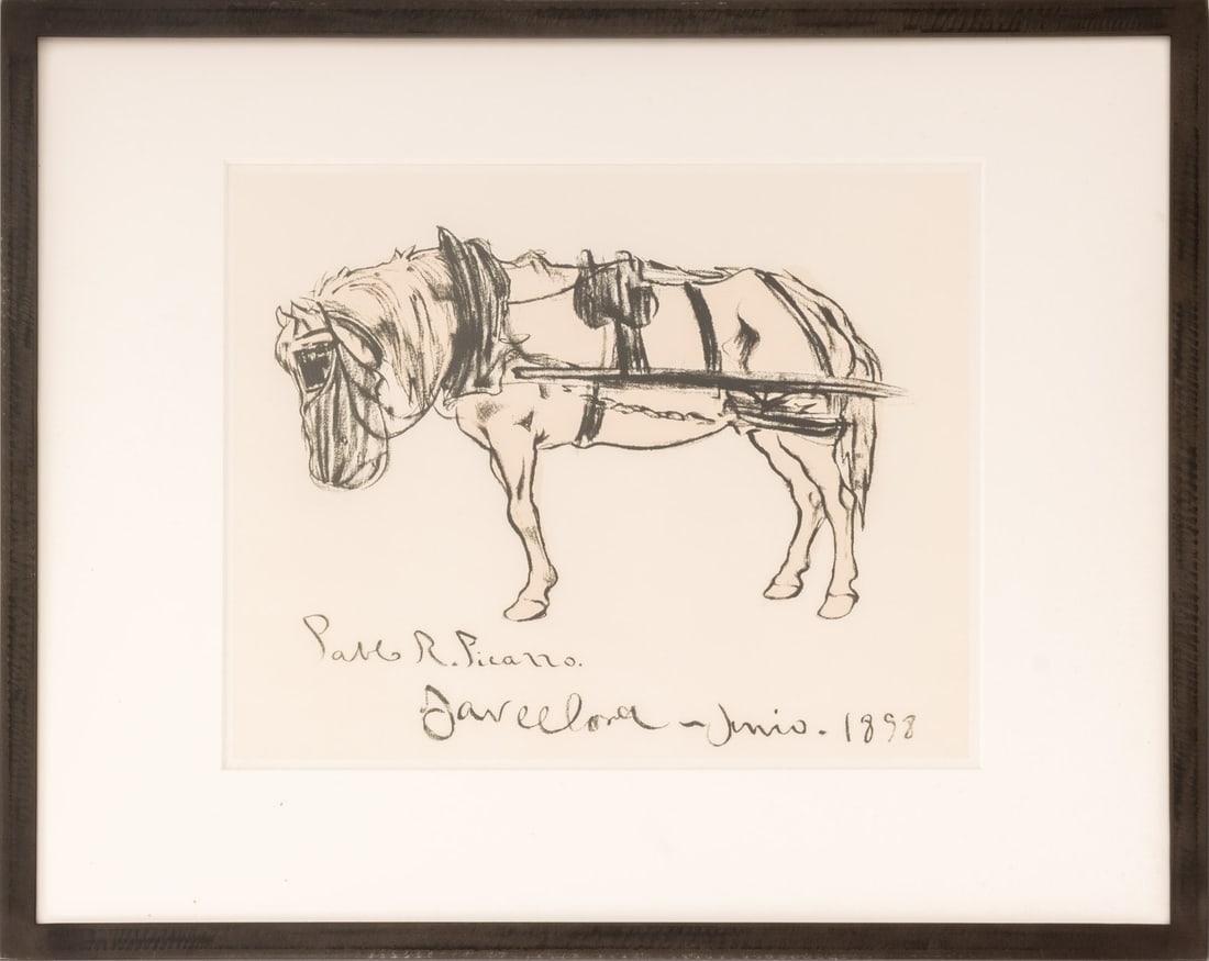 Pablo Picasso "Cheval Attele" Lithograph: Pablo Picasso (Spanish, 1881-1973), "Cheval Attele", Lithograph in Colors on Paper, signed and marked in print "Pablo R. Picasso / Barcelona - Junio - 1898", metal frame. Image: 15.5" H x 19.5" W; fra