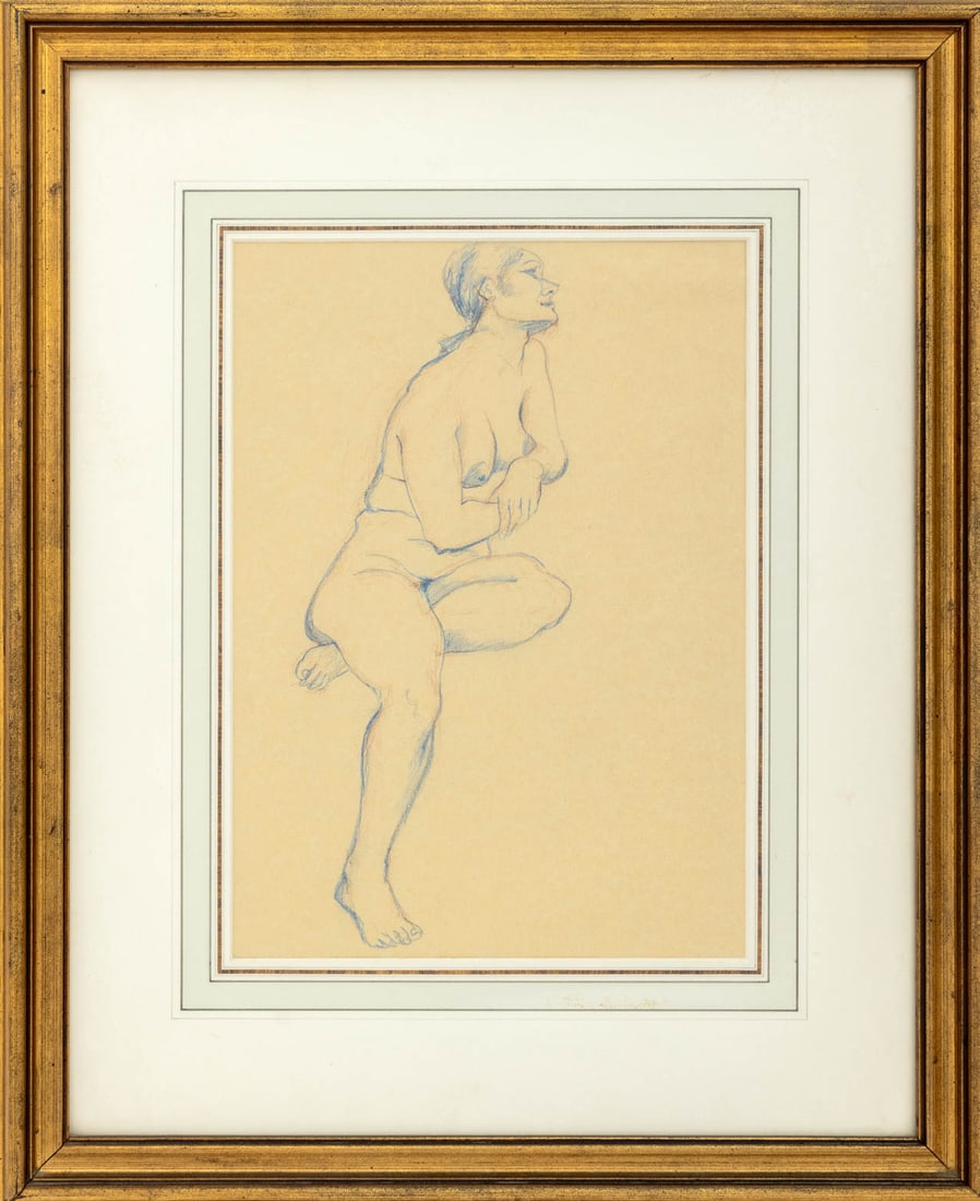 Seated Female Nude Colored Pencil on Paper: 20th Century School, Seated Female Nude Figure, Colored Pencil on Paper, unsigned, giltwood frame. Image: 13" H x 9.5" W; 22" H x 18.25" W x 1.5" D. Provenance: From an Upper West Side, New York City