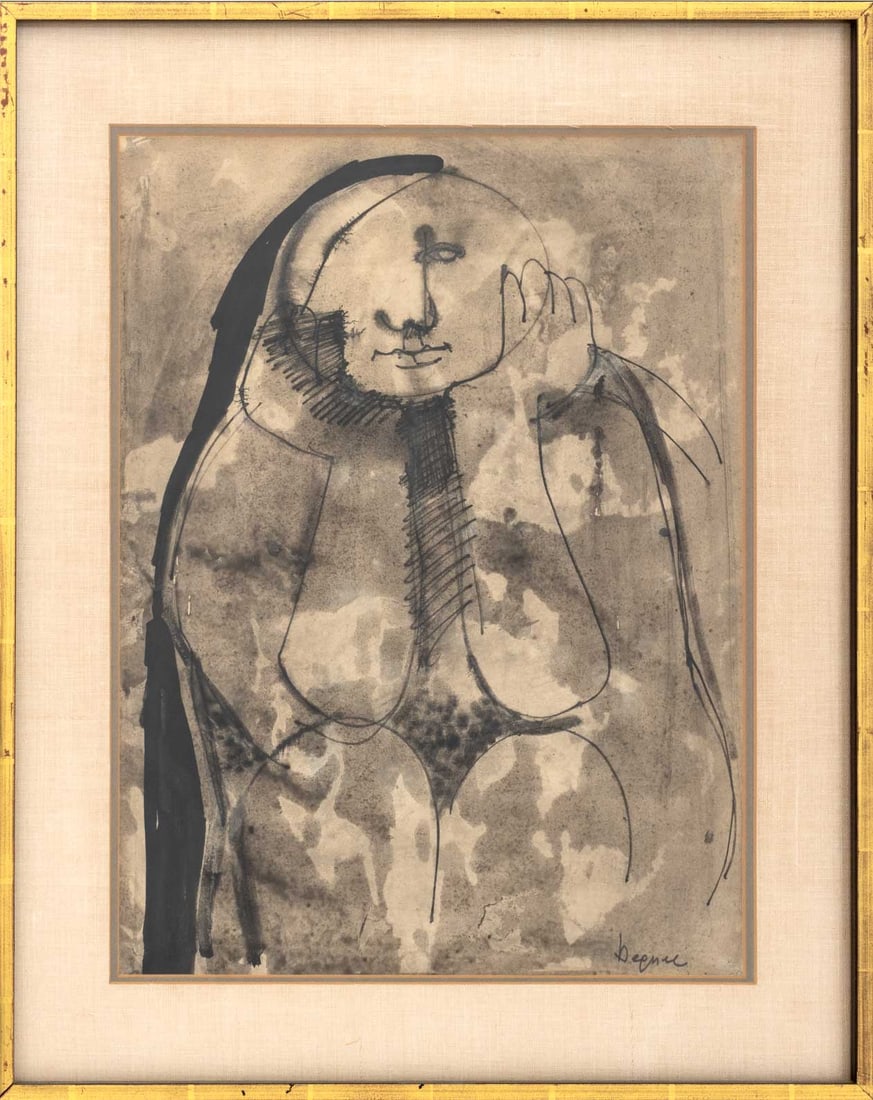 Oreste Dequel Abstract Seated Figure Mixed Media: Oreste Dequel (Italian, born Koper, Slovenia, 1923-1989), Abstract Seated Figure, Mixed Media on Paper, signed lower right, ebonized and giltwood frame. Image: 22.25" H x 18.5" W; frame: 28.75" H x 23