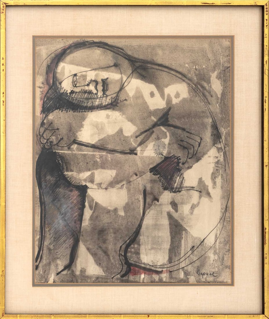 Oreste Dequel Abstract Seated Figure Mixed Media: Oreste Dequel (Italian, born Koper, Slovenia, 1923-1989), Abstract Seated Figure, Mixed Media on Paper, signed lower right, ebonized and giltwood frame. Image: 22.25" H x 17.5" W; frame: 28.75" H x 18