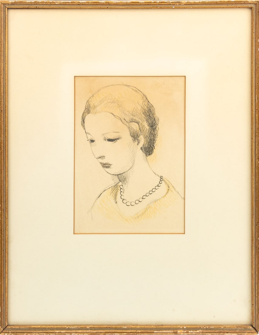 Marie Laurencin "Jeune Fille" Lithograph, ca. 1937: Marie Laurencin (French, 1883-1956), "Jeune Fille" [Young Girl], Lithograph in Colors on Paper, circa 1937, apparently unsigned, giltwood frame. Image: 7.5" H x 5.5" W; frame: 16.5" H x 12.5" W x 0.5"
