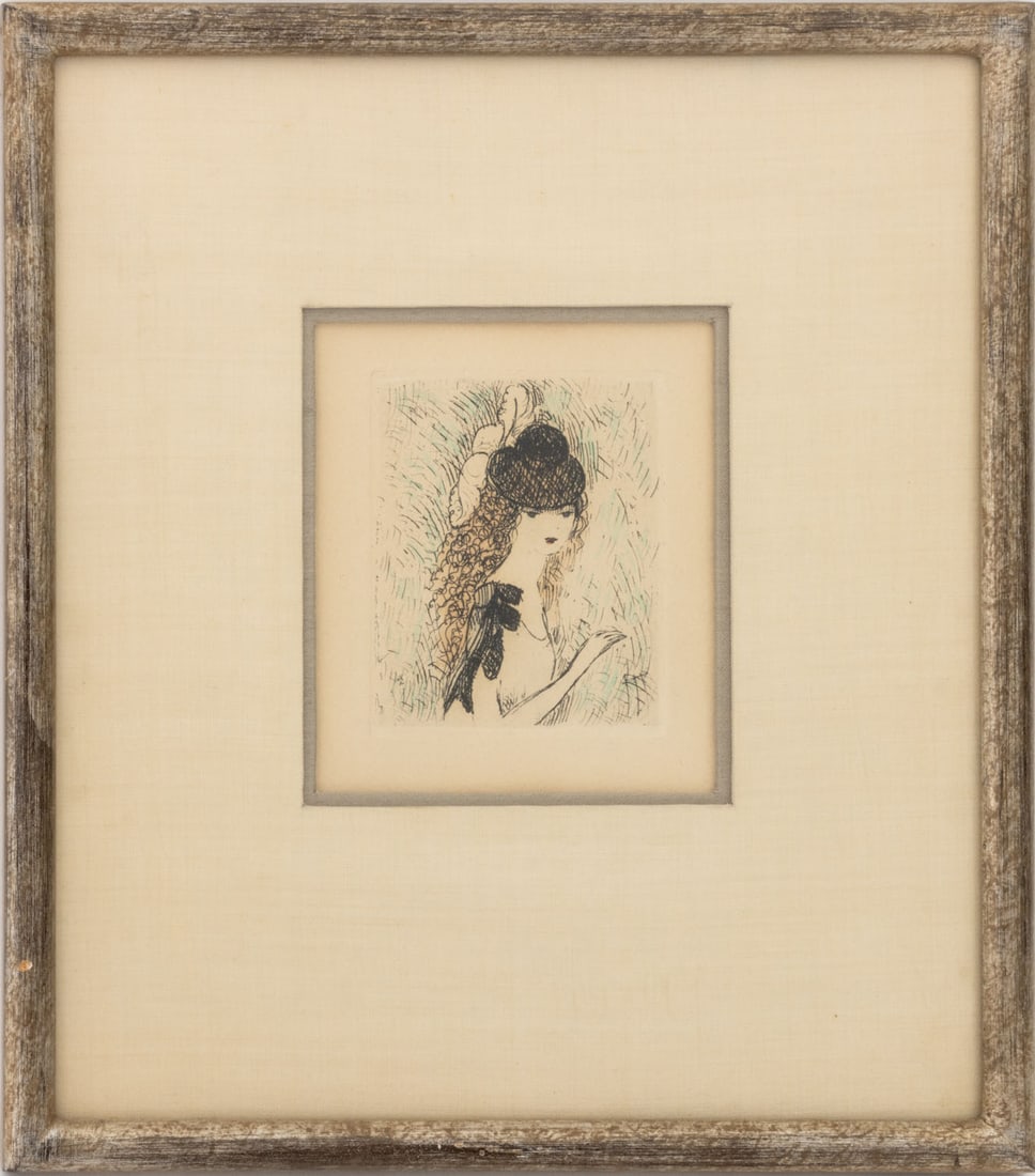 Marie Laurencin "Le Chapeau sur Les Yeux" Etching: Marie Laurencin (French, 1883-1956), "Le Chapeau sur Les Yeux" [The Hat Over the Eyes], Etching in Colors on Paper, 1923, printed later, apparently unsigned, silvered wood frame. Image: 3.5" H x 2.75"