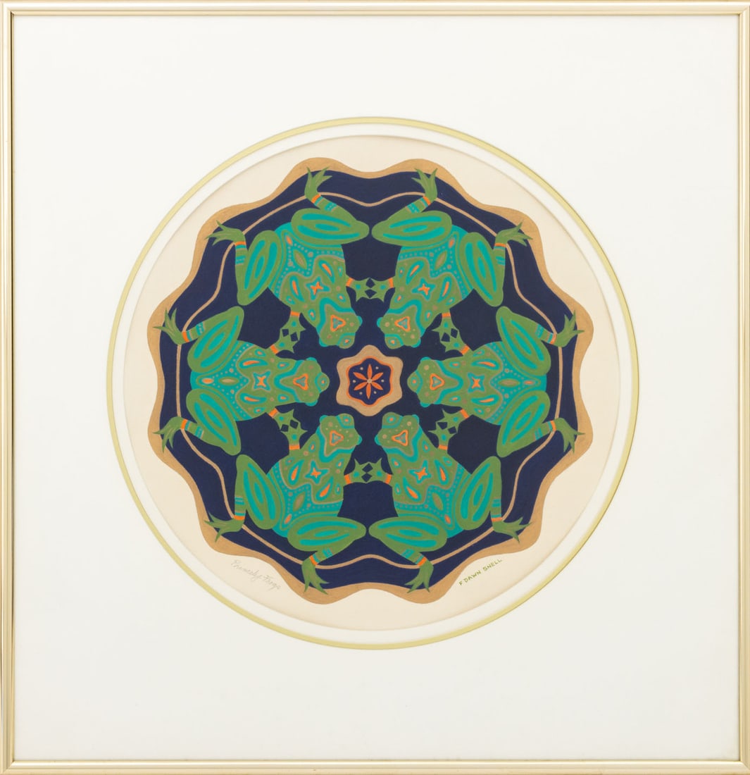 F. Dawn Snell "Princely Frogs" Gouache on Paper: F. Dawn Snell (Canadian, 1928-2006), "Princely Frogs", Gouache on Paper, signed lower right, titled lower left, silver-tone metal frame. Image: 13.75" Diameter; frame: 21.75" H x 21.75" W x 1" D. Prov