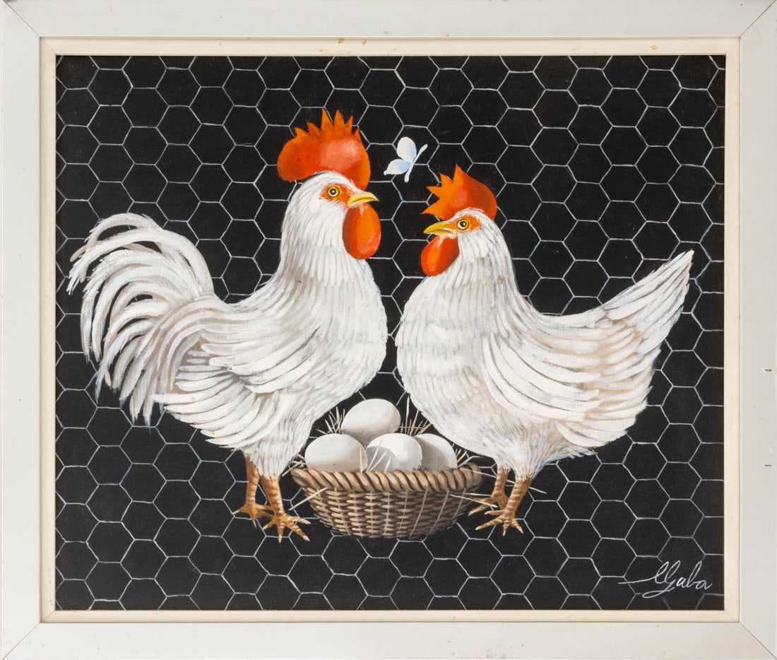 Illegibly Signed Roosters and Eggs Oil on Canvas (1 of 8)