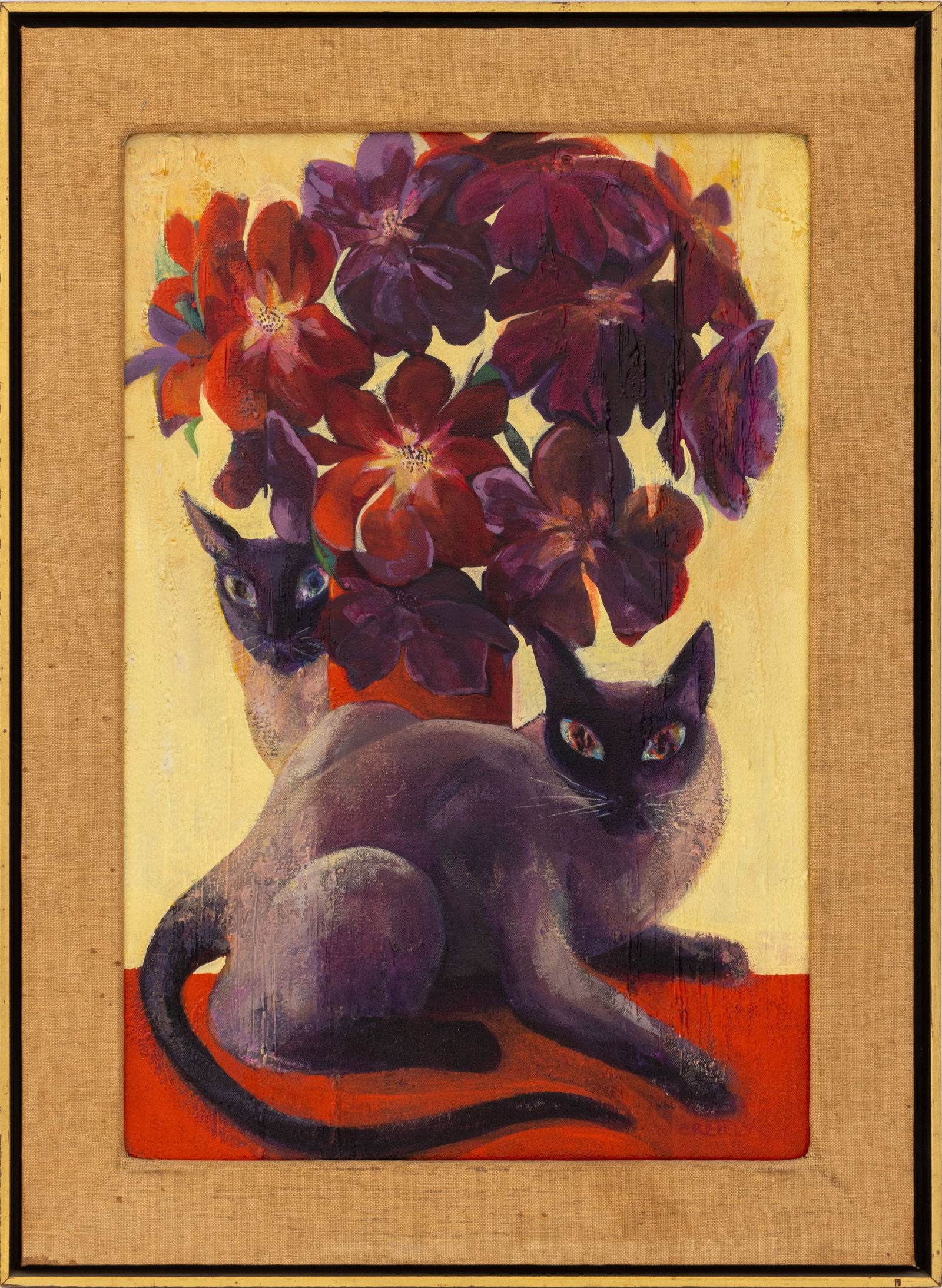 Signed Siamese Cats with Flowers Oil on Canvas: 20th Century School, Siamese Cats with Flowers, Oil on Canvas, signed "O'Reilly" lower right, gilt trim wood frame. Image: 23.75" H x 15.75" W; frame: 29.5" H x 21.5" W x 1.5" D. Provenance: From an E