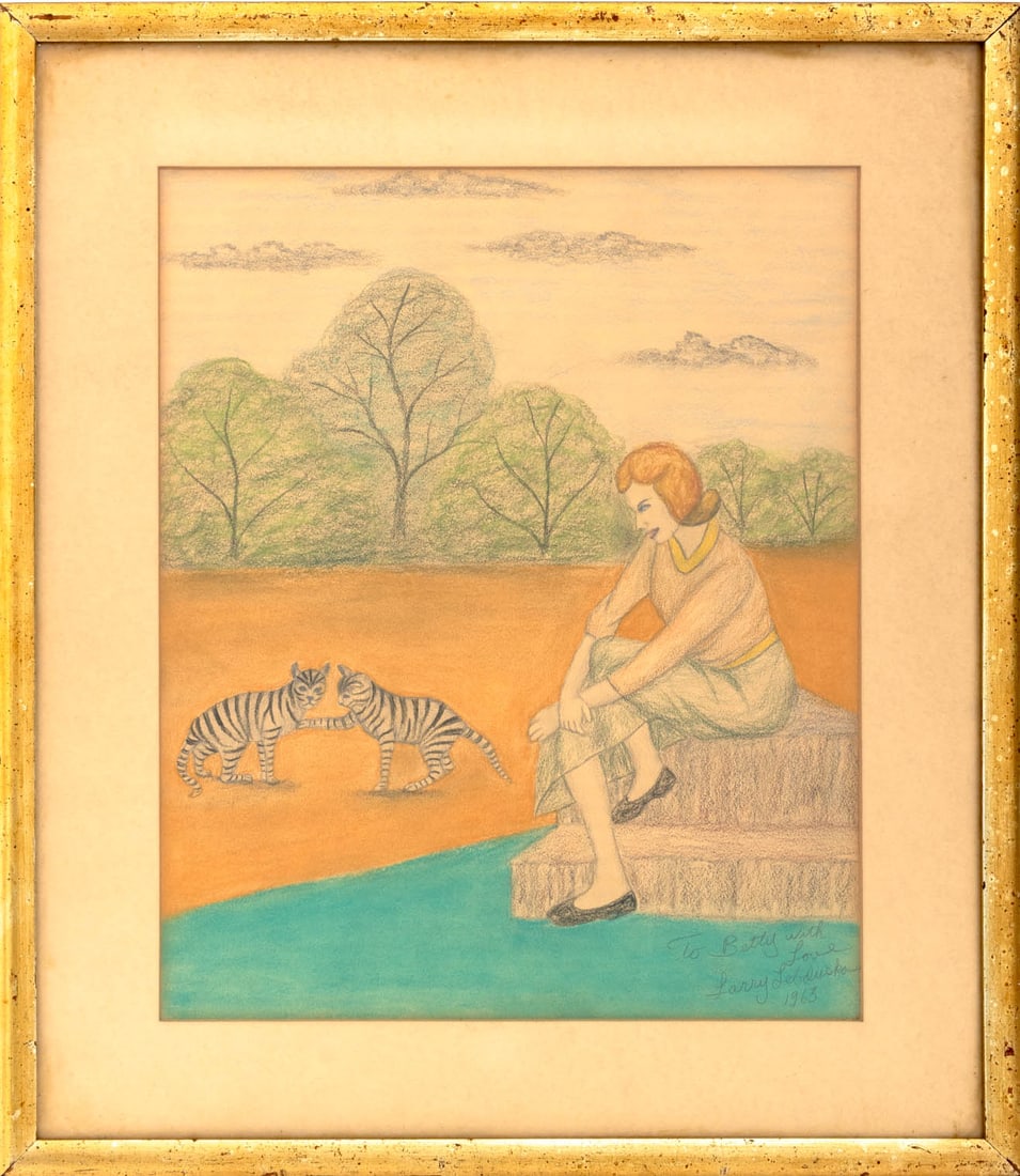 Larry Lebduska Woman & Cats Colored Pencil, 1963: Larry Lebduska (American, 1894-1966), Woman Seated with Cats, Colored Pencil and Crayon on Paper, 1963, signed in pencil, dated, and inscribed "To Miss Betty" lower right, giltwood frame. Image: 16.5"