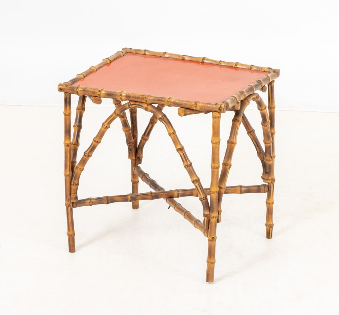 Bent Bamboo Red Painted Top Side Table: Bent Bamboo Red Painted Top Side Table, on four supports conjoined by box stretcher. 15.25" H x 15" W x 12.25" D. Provenance: From an East 74th Street Estate. Keywords: Vintage Furniture, End table, A