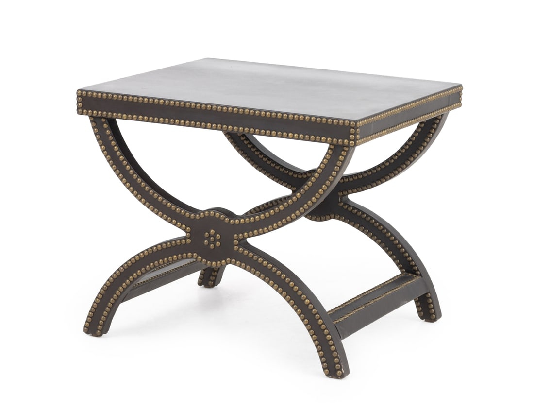 Baker Alexandre Brown Leather Brass Riveted Stool: Baker Alexandre Brown Leather Brass Riveted Stool, designed by Jacques Garcia, on x-form base. 20" H x 22" W x 24" D. Provenance: From a New York City Collection. Keywords: Modern Furniture, Seating,