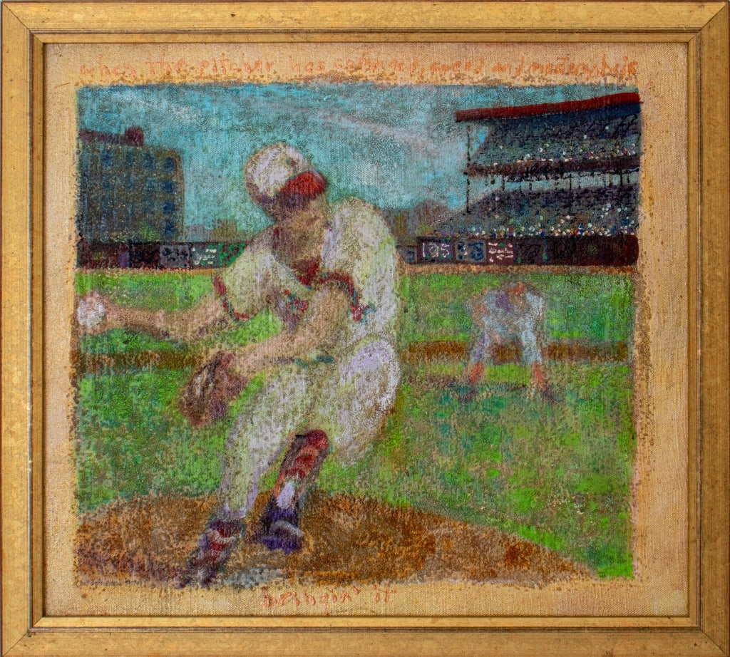 Jane Gilday "... He is Bringin' It" Mixed Media: Jane Gilday (American, b. 1951), "When the Pitcher has Command, Speed and Mastery, He is Bringin' It", Mixed Media on Canvas, signed lower left, giltwood frame. Image: 15.5" H x 17.5" W; frame: 18" H