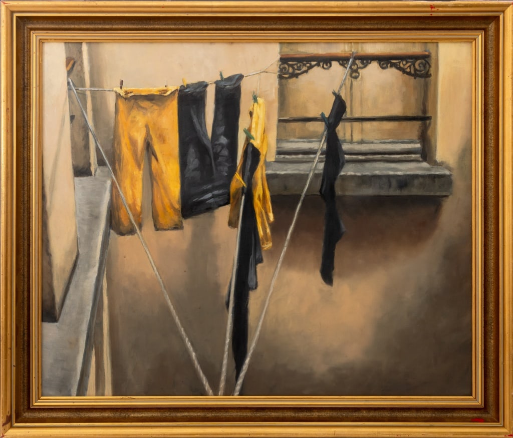 Debra Goertz "Wash Day" Oil on Canvas: Debra Goertz (American, XX-XXI), "Wash Day", Oil on Canvas, 2002, with two Christie's labels and gallery label verso, brown painted frame. Image: 23.25" H x 28.25" W; frame: 29" H x 34" W. Provenance: