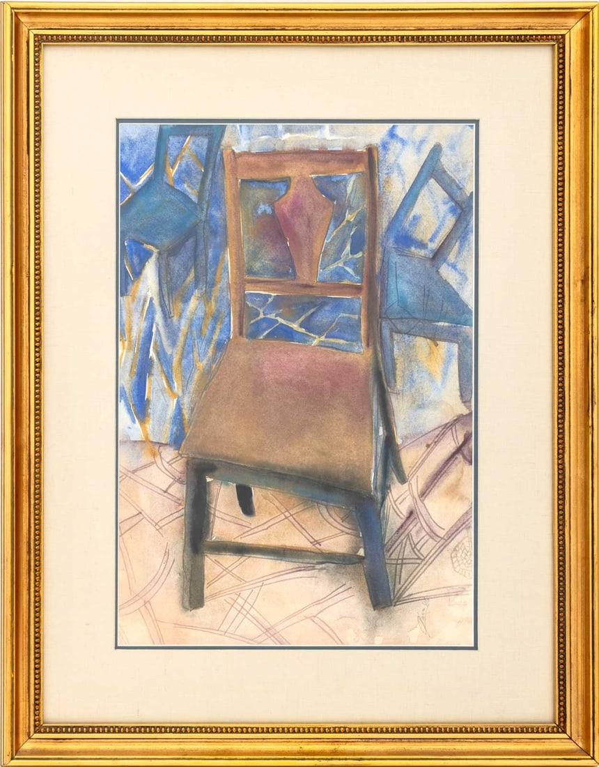 Illegibly Signed Surreal Chair Watercolor, 1986 (1 of 7)