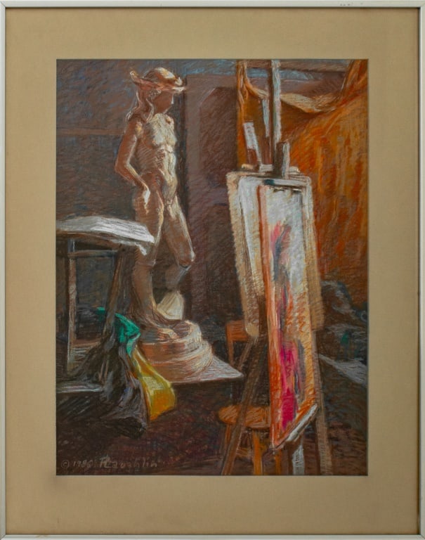 Philip Laughlin Atelier Scene Pastel, 1986: Philip Laughlin (American, 1936-2024), Atelier Scene with Nude Figure, Pastel on Board, 1986, signed and dated lower left, signed and with Art Students League of New York label to reverse, silver-tone