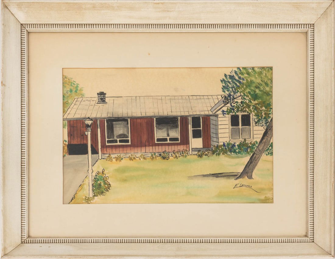 E. Leonard Red Ranch House Watercolor on Paper: E. Leonard (American, XX), Red Ranch House, Watercolor on Paper, signed lower right, white frame. Image: 11.25" H x 17.25" W; frame: 20.75" H x 26.75" W x 1.75" D. Provenance: From the Collection of L