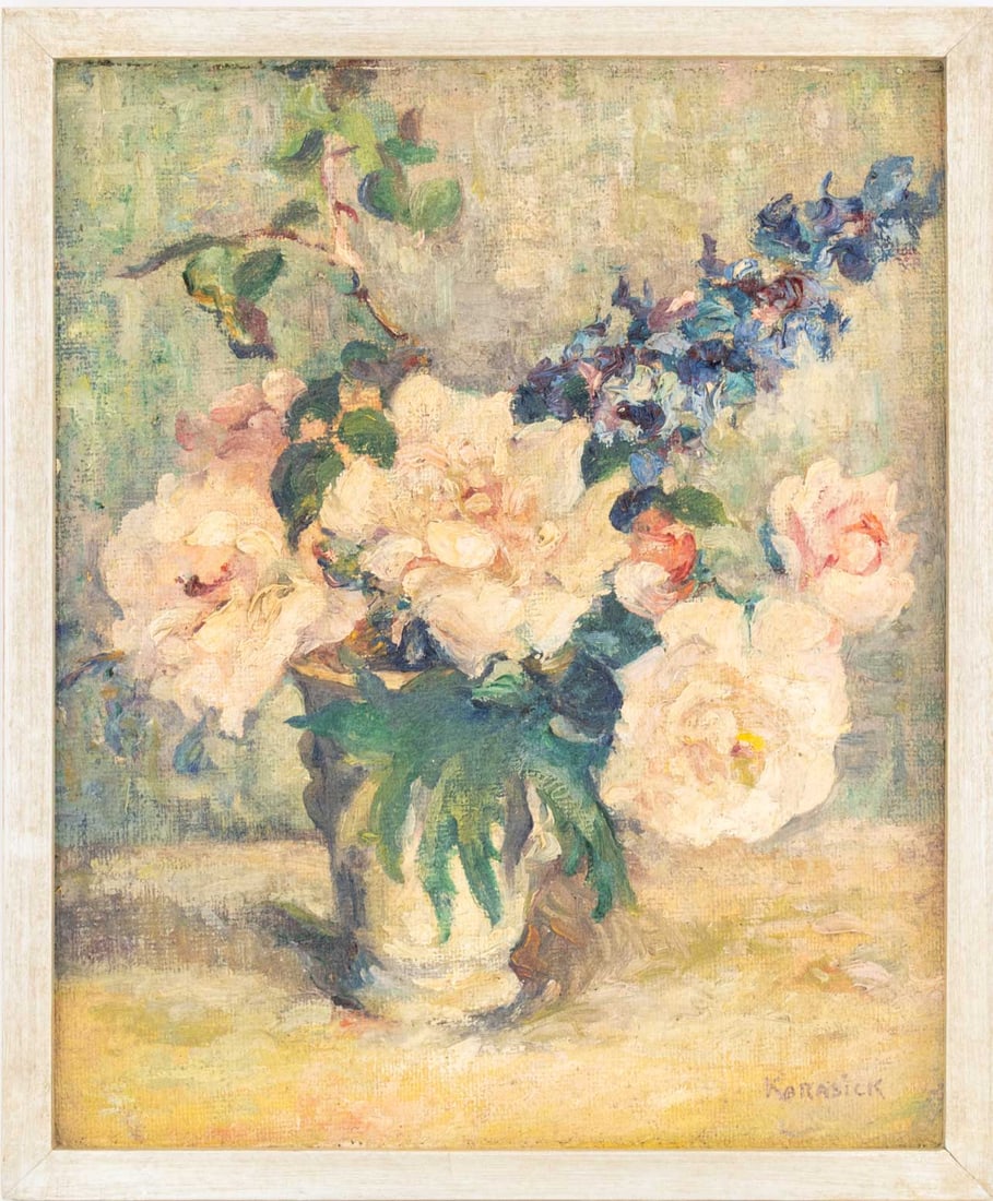 Mary Karasick Still Life of Peonies Oil, 1936: Mary K. Karasick (American, born Russia, 1888-1985), Still Life Scene of Peonies, Oil on Canvas, 1936, signed lower right, signed and dated verso, painted wood frame. Image: 11.75" H x 9.5" W; frame: