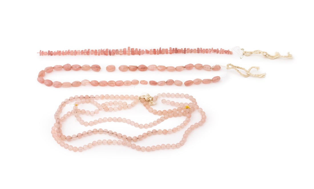 Rose Quartz Bead Strands, 3: Three Rose Quartz Bead Strands, one multi-strand of ball form beads one oval, and one of polished chunks. Longest: 42" L x 1" D. Provenance: From the Estate of Jewelry Designer Irena Corwin. Keywords: