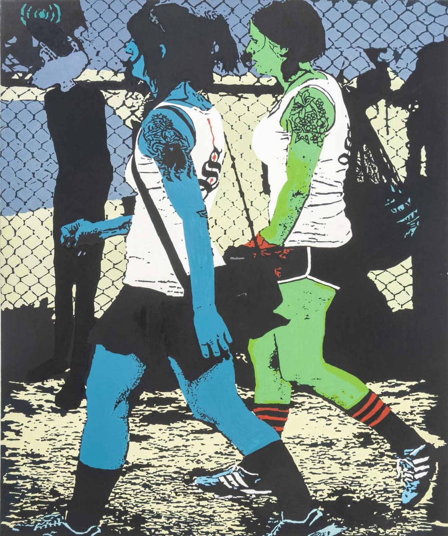 Contemporary Figures in Schoolyard Mixed Media: Contemporary School, Figures in a Schoolyard, Mixed Media on Canvas, unsigned. 71.75" H x 59.75" W x 1.5" D. Provenance: From a New Jersey Collection. Keywords: Painting, Works on Canvas, Figural grou