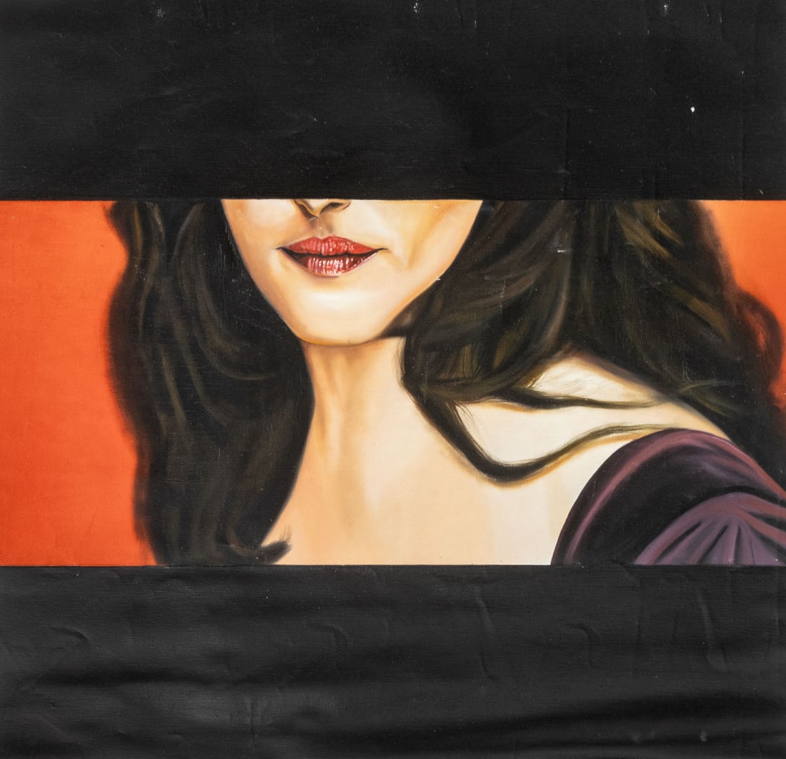 Jason Bryant Portrait of a Woman Oil on Canvas: Jason Bryant (American, XX-XXI), Portrait of a Woman, Oil on Unstretched Canvas, signed verso. Image: 10" H x 22" W; whole: 22" H x 22" W. Provenance: From a New Jersey Collection. Keywords: Paintings