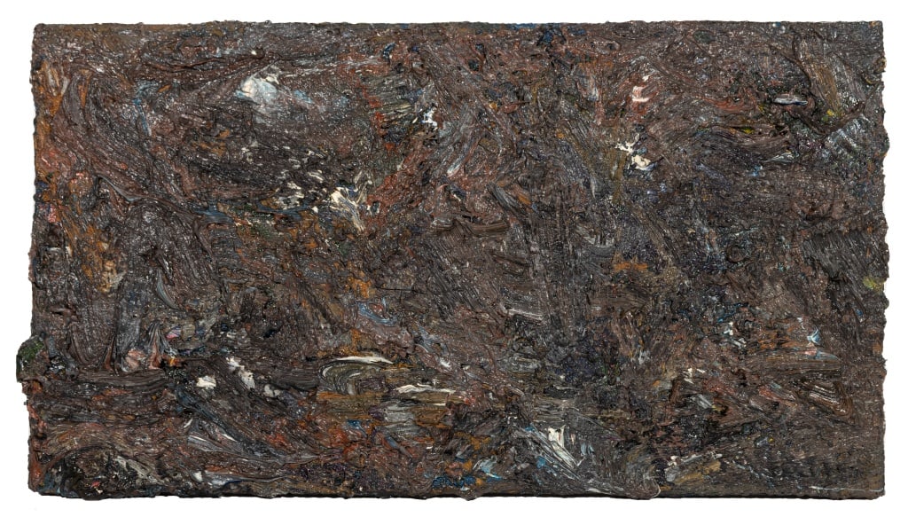 Andy Miller Abstract Composition Oil on Canvas: Andy Miller (American, b. 1950), Abstract Composition, Oil on Canvas, impasto details, dark brown with blue hues, unsigned, artist's studio stamp verso, unframed. 10" H x 18" W. Provenance: From the S