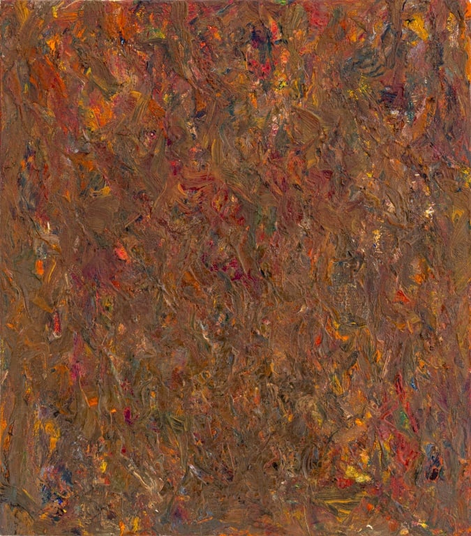 Andy Miller Abstract Composition Oil on Canvas: Andy Miller (American, b. 1950), Abstract Composition, Oil on Canvas, impasto details, in brown, red, and yellow, unsigned, artist's studio stamp verso, unframed. 18" H x 16" W. Provenance: From the S