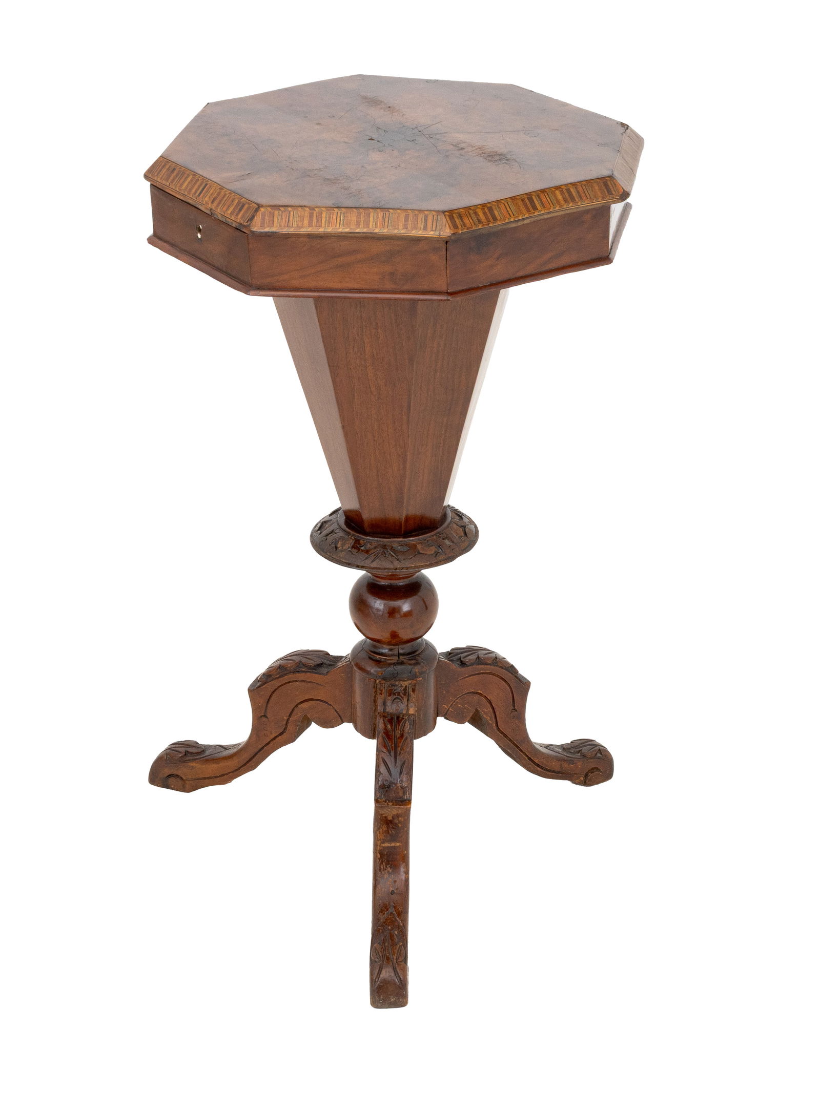 Victorian Walnut Trumpet Form Sewing Table: Victorian Walnut Trumpet Form Sewing Table, with octagonal lift top and parquetry trim opening to divided interior terminating in three cabriole legs. 29" H x 17.5" Diameter. Provenance: From an East