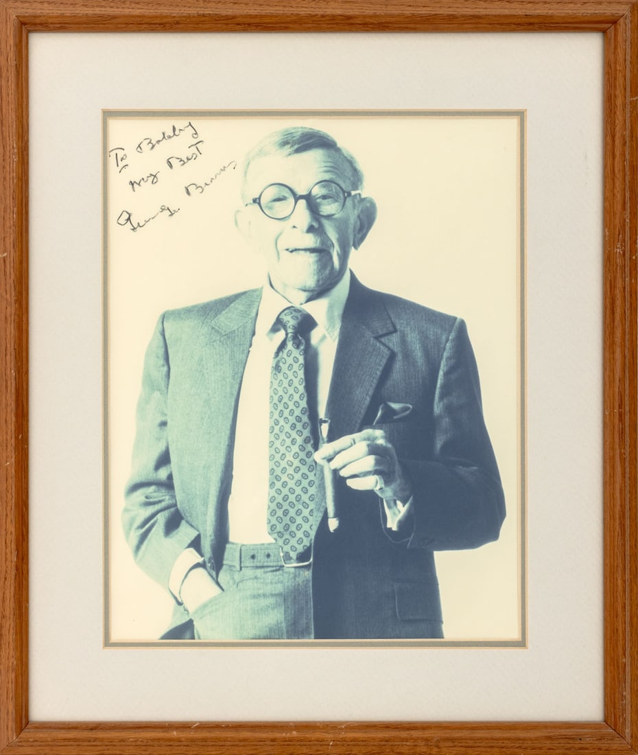 George Burns Signed Photograph: George Burns Signed Portrait Photograph, inscribed "To Bobby My Best George Burns", wood frame. Image: 12.75" H x 9.75" W; frame: 18" H x 15.5" W x 1" D. Provenance: From a New Jersey Collection. Keyw
