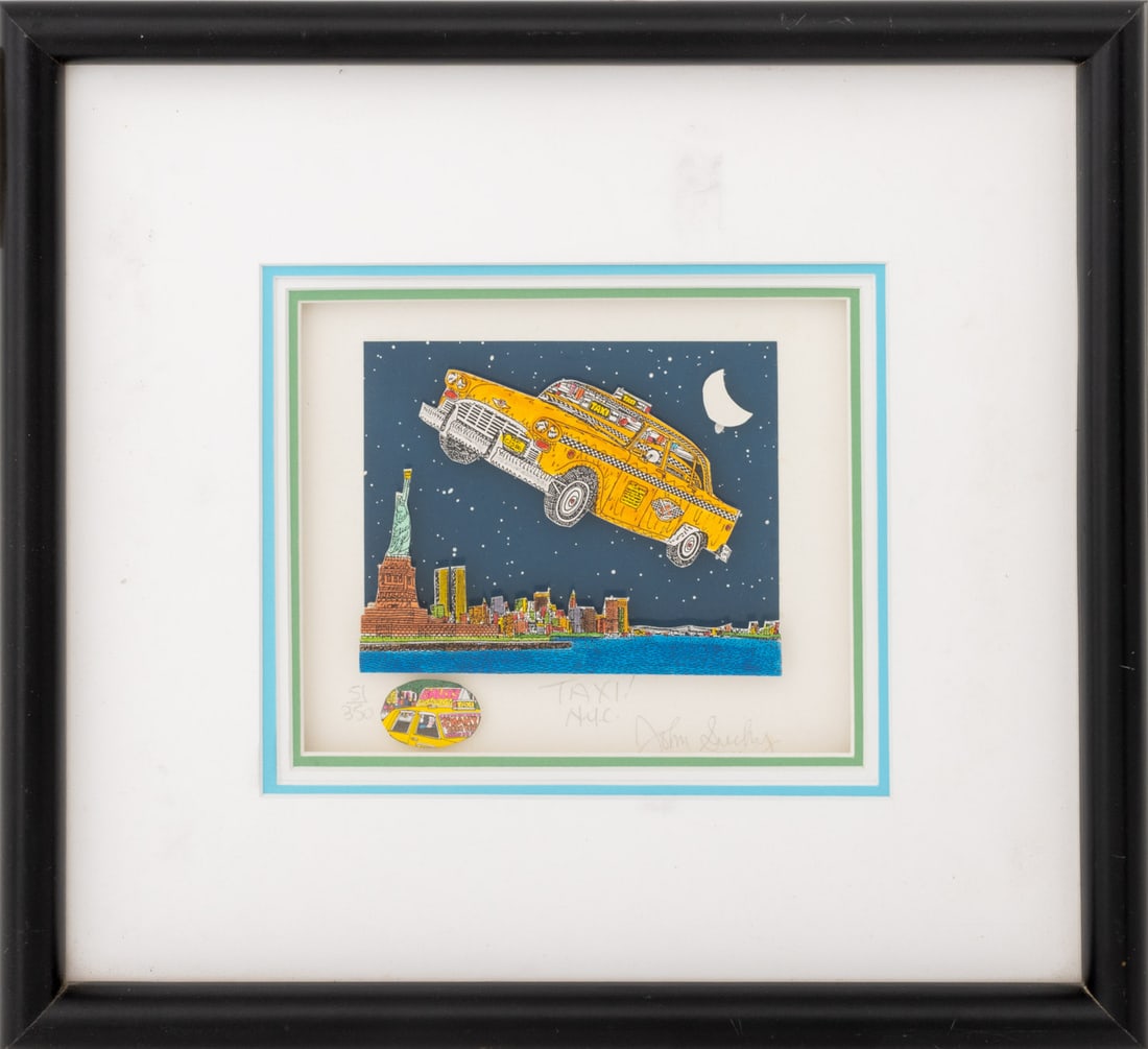 John Suchy "Taxi! N.Y.C." 3-D Screenprint: John Suchy (American, b. 1946), "Taxi! N.Y.C.", Three-Dimensional Sceenprint in Colors, signed in pencil and titled lower right, numbered edition "51/350" lower left, black frame. Image: 4" H x 4.5" W