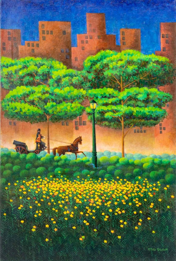 Otto Storch Horse and Buggy in the Park Oil: Otto Storch (American, 1913-1999), Horse and Buggy in the Park, Oil on Canvas, signed lower right, unframed. 36" H x 24" W x 0.75" D. Provenance: From a New Jersey Collection. Keywords: Paintings,