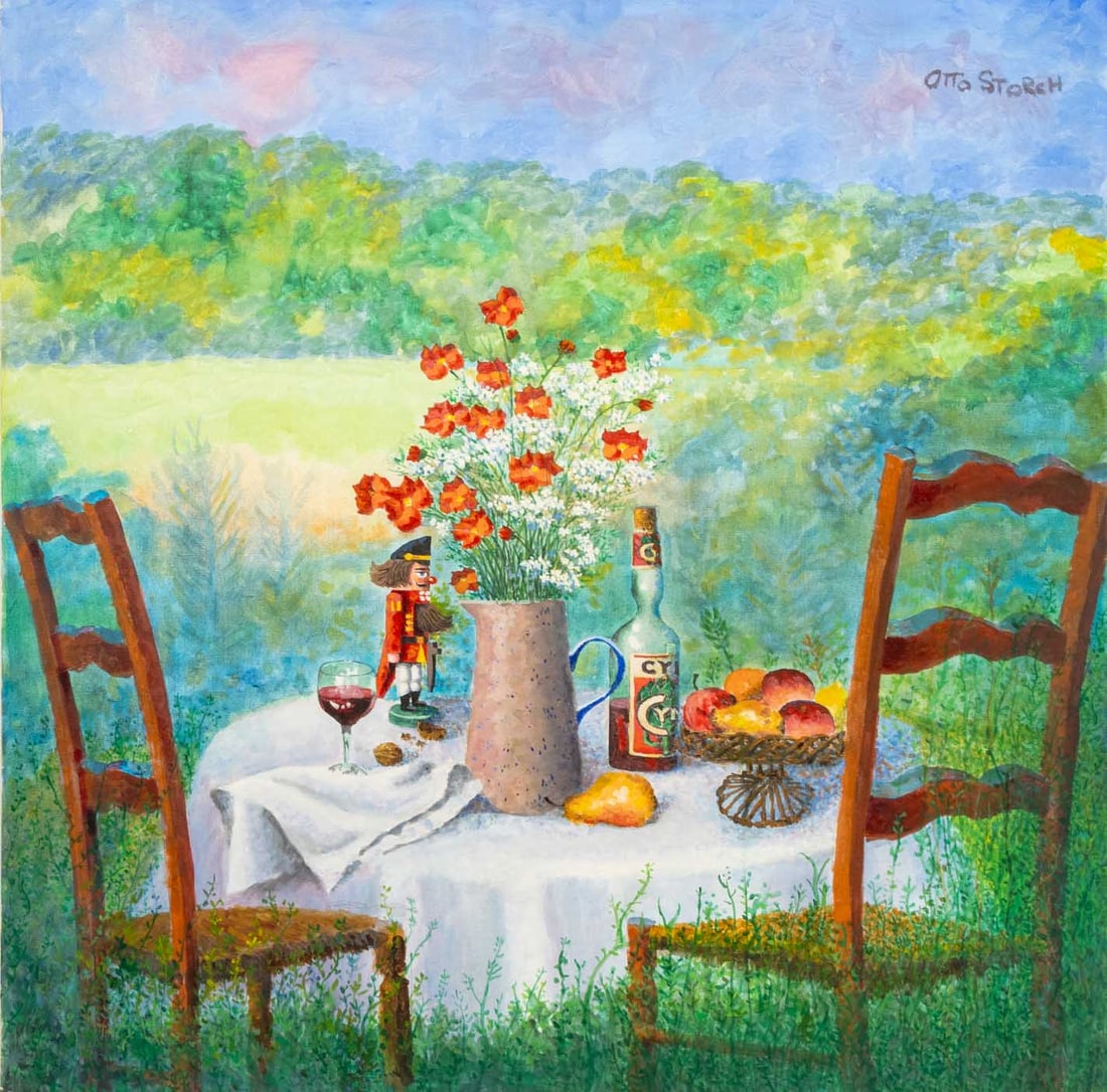 Otto Storch Dinner in the Meadow Oil on Canvas: Otto Storch (American, 1913-1999), Dinner in the Meadow, Oil on Canvas, signed upper right, unframed. 36" H x 35.75" W x 0.75" D. Provenance: From a New Jersey Collection. Keywords: Painting, Works