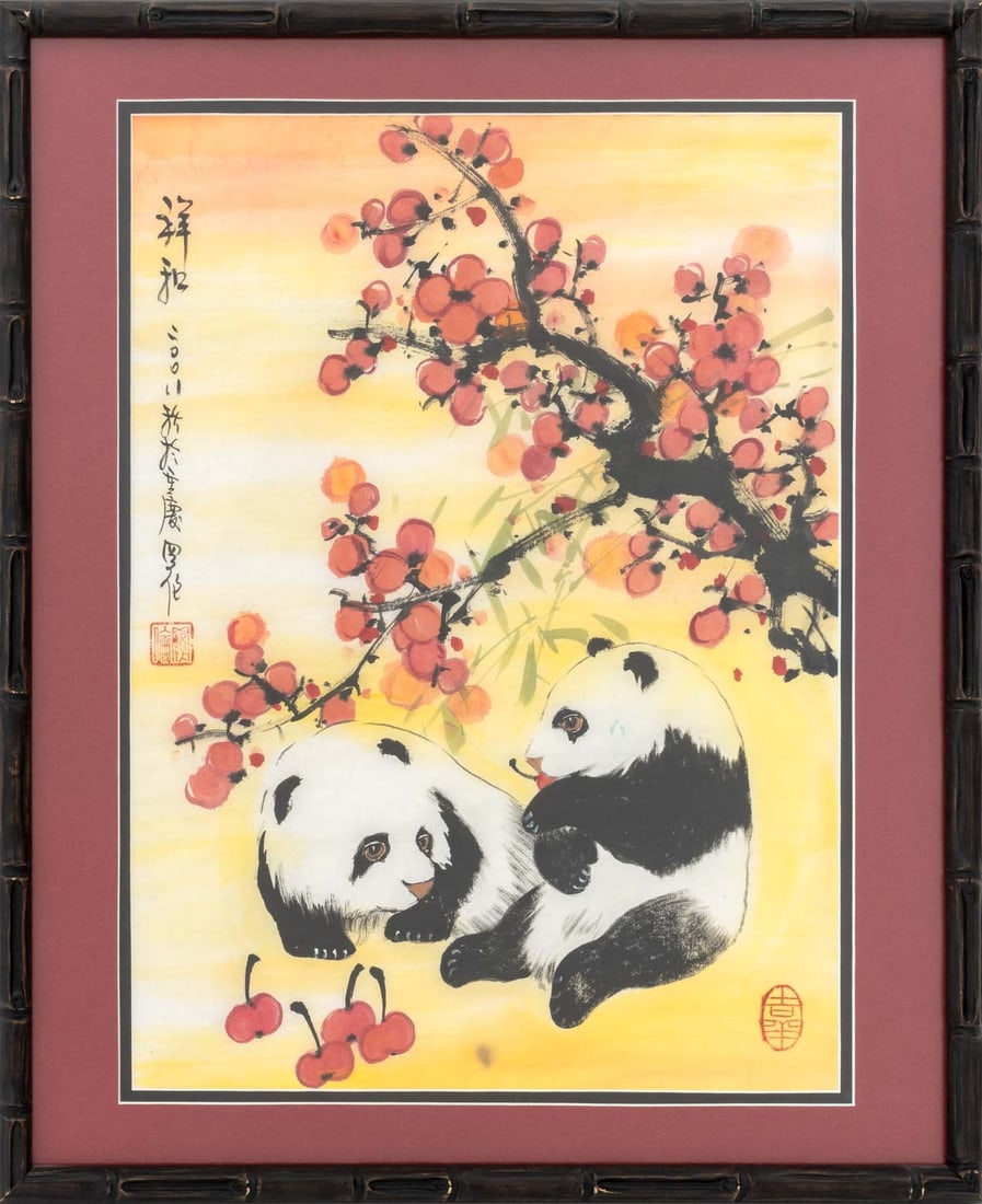 Chinese School Pandas with Blossoms Watercolor: Chinese School, Pandas with Plum Blossoms, Watercolor on Paper, with red chop seal and character marked upper left, faux bamboo wood frame. Image: 17" H x 12.5" W; frame: 21.25" H x 17.5" W x 1.25"