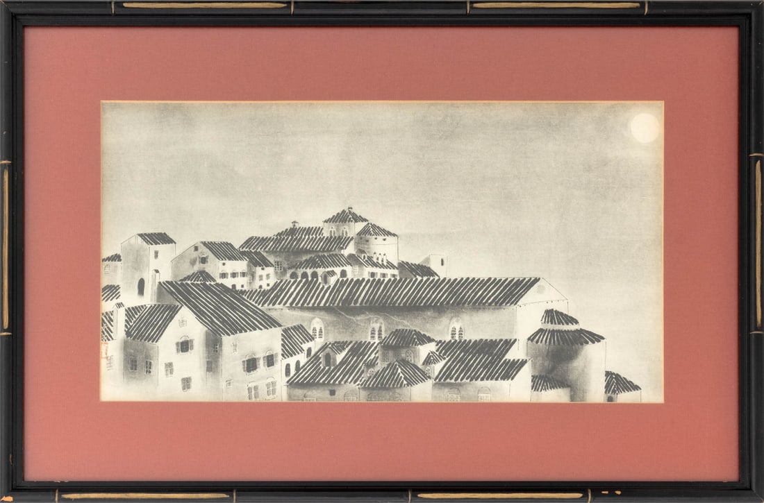 Gyoshu Hayami "Moonlight Over Rome" Print: Gyoshu Hayami (Japanese, 1894-1935), "Moonlight Over Rome", Print on Paper, chop seal mark lower left, label verso, bamboo motif ebonized wood frame. Image: 9.5" H x 17.5" W; frame: 15.5" H x 23.5" W