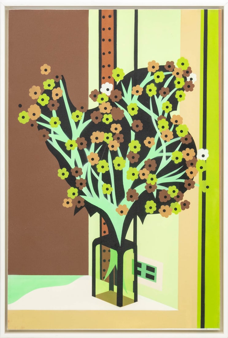 Michael Callas Untitled (Floral Still Life), 2013: Michael Callas (American, XX-XXI), Untitled (Floral Still Life Scene), Spray Paint and Stencil on Canvas, 2013, signed verso with Detour Gallery label, white frame. Image: 36" H x 24" W; frame: 37.75"