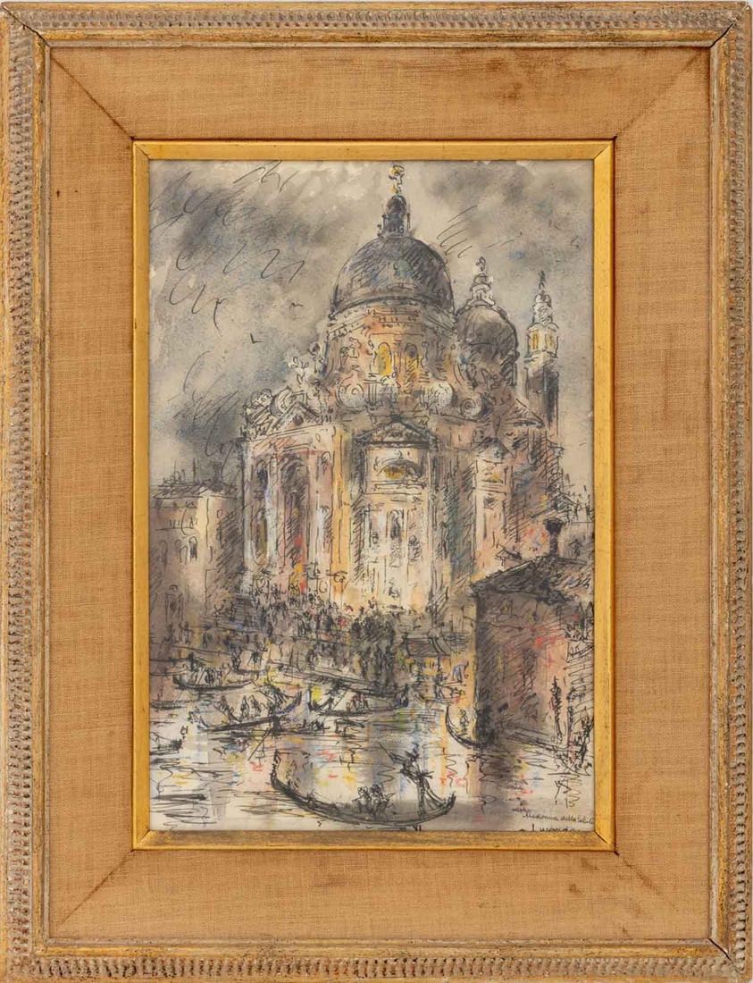 Antonio Lucarda "Santa Maria della ..." Watercolor: Antonio Lucarda (Italian, 1904-1993), "Santa Maria della Salute", Watercolor on Paper, signed and inscribed lower right, giltwood frame. Image: 17" H x 11.25" W; frame: 25" H x 19" W x 1.25" D. Proven