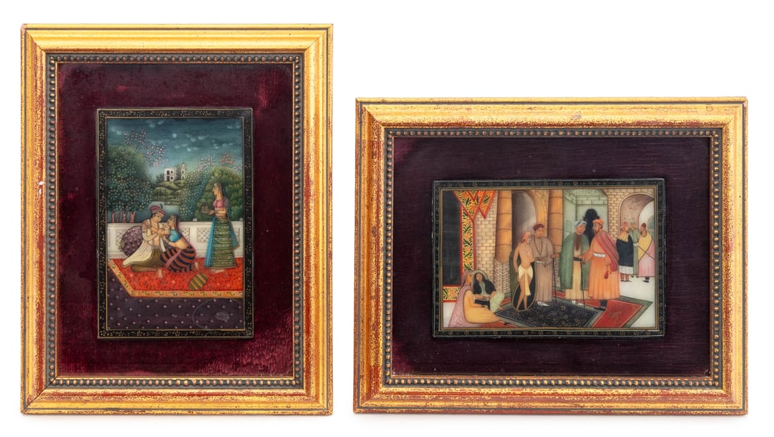 Indian Mughal Painted Miniatures on Stone, 2: Pair of Indian Mughal Miniature Paintings on Stone, comprising: figural courtyard scene and emperor and empress garden courtyard scene, giltwood frames. Image: 6" H x 4" W; frame: 10.25" H x 8.25" W x