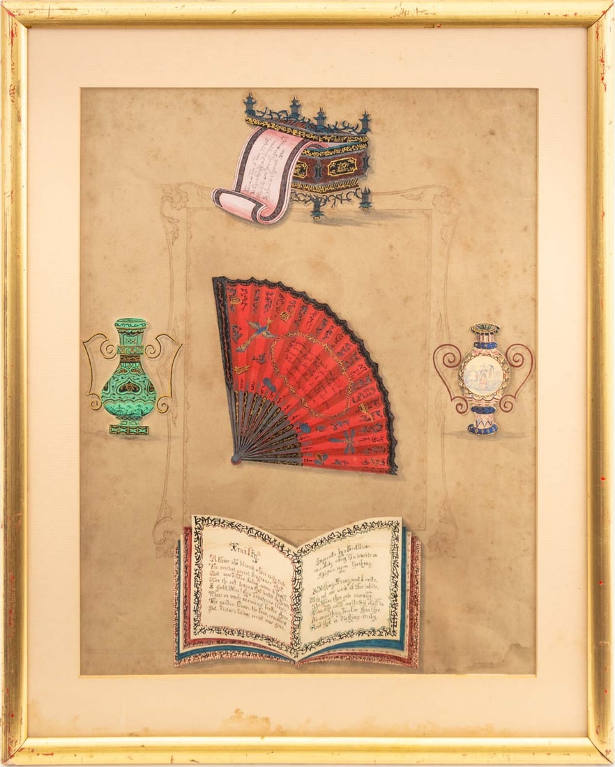 Victorian Framed Japonisme Collage, 19th C.: Victorian Framed Japonisme Collage, late 19th century, with five applied watercolor and ink chinoiserie designs comprising vases, fan, scroll chest and open book on paper, giltwood frame. Image: 16.5"