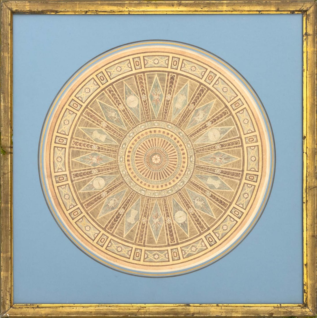 French Neoclassical Roundel Design Watercolor: French Neoclassical Roundel Design, Watercolor on Paper, 19th century, inscribed verso, giltwood frame. Image: 15.75" Diameter; frame: 22" H x 22" W x 0.5" D. Provenance: From a New York City Collecti