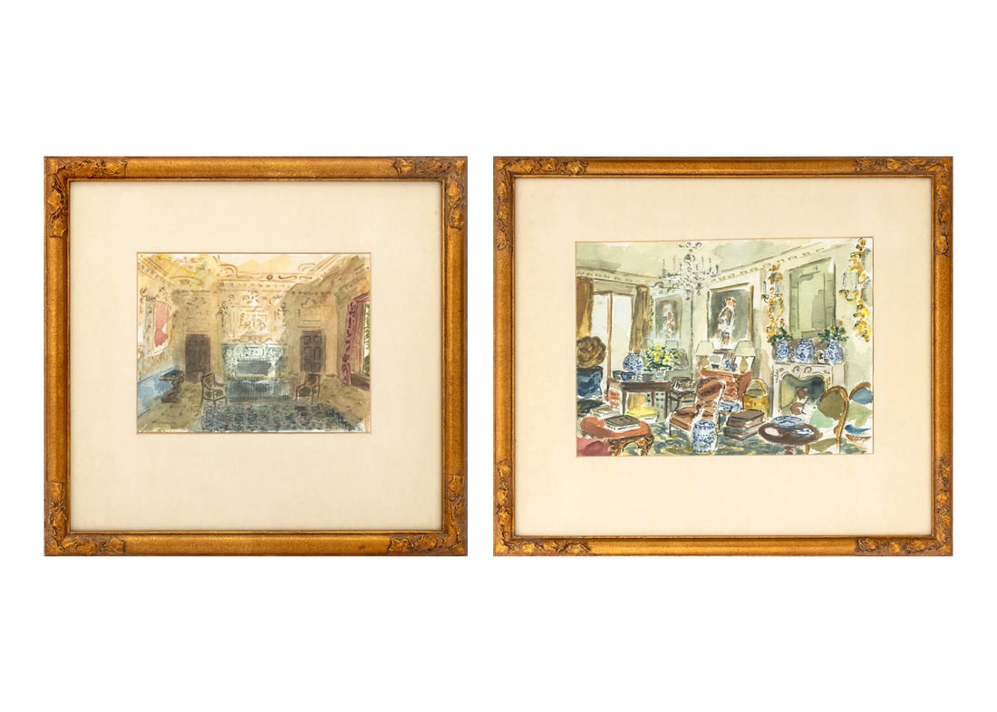 Signed Classical Interior Scenes Watercolors, 2: 20th Century School, Two Classical Interior Scenes, Watercolors on Paper, the smaller signed "gc" in pencil lower right, giltwood frames. Larger image: 8.75" H x 12.25" W' frame: 16.5" H x 18.75" W x