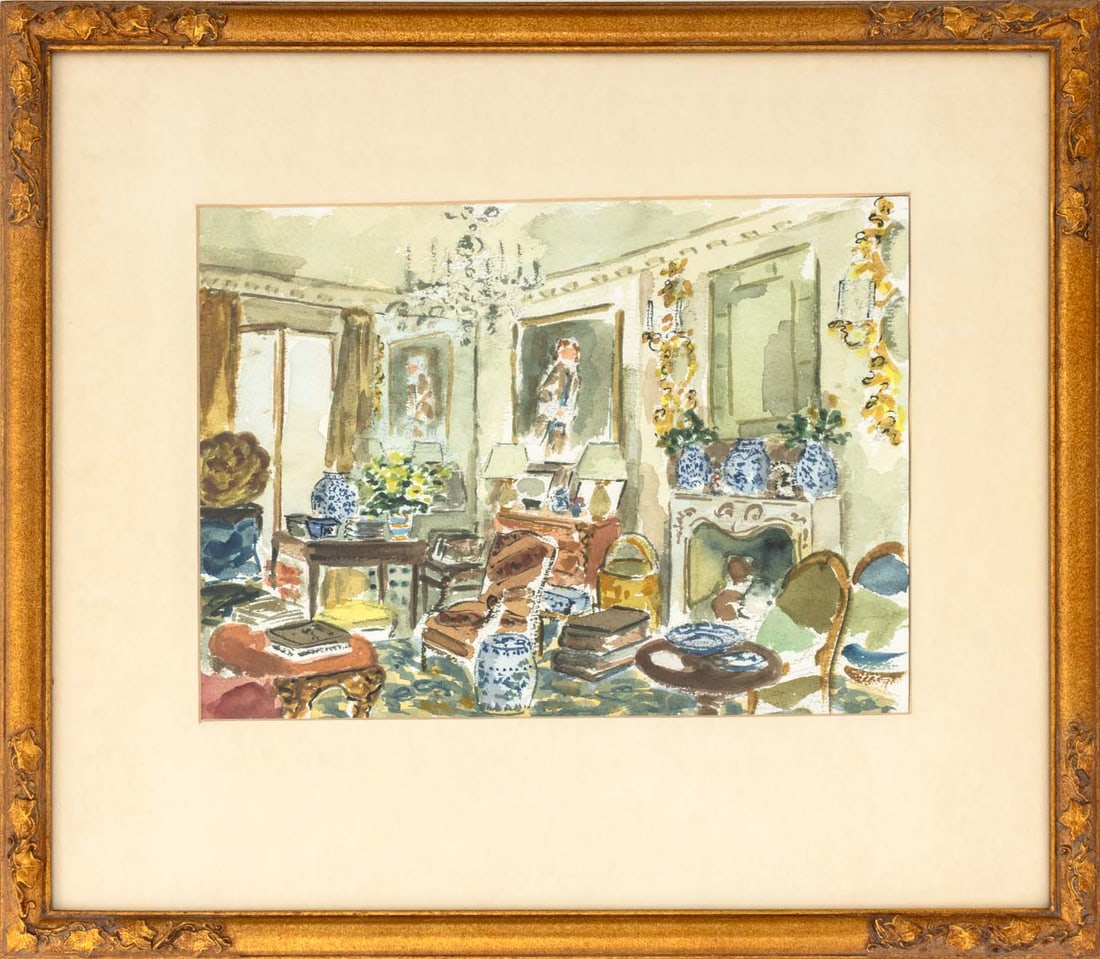 Signed Classical Interior Scenes Watercolors, 2 - 9