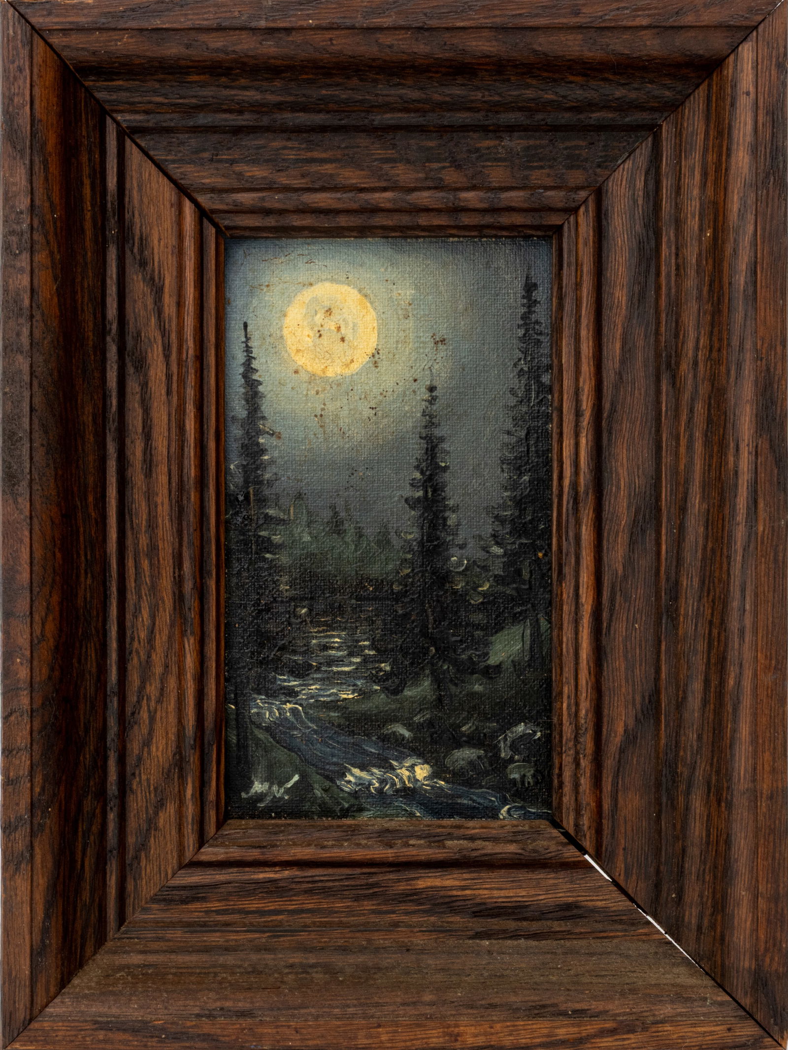 M. Nelson "Moon River" Oil on Panel, 1978: M. Nelson (American, XX), "Moon River", Oil on Panel, 1978, initialed lower left, descriptive label verso, wood frame. Image: 4.5" H x 2.5" W; frame: 7.75" W x 6" W x 1.25" D. Provenance: From a State
