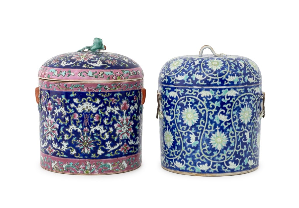 Chinese Famille Rose Ginger Jars, 2: Two Chinese Famille Rose Ginger Jars, comprising: one with cobalt blue background with pink trim and animal knop to lid and one cobalt ground with green floral and vine motif with leaf form knop and m