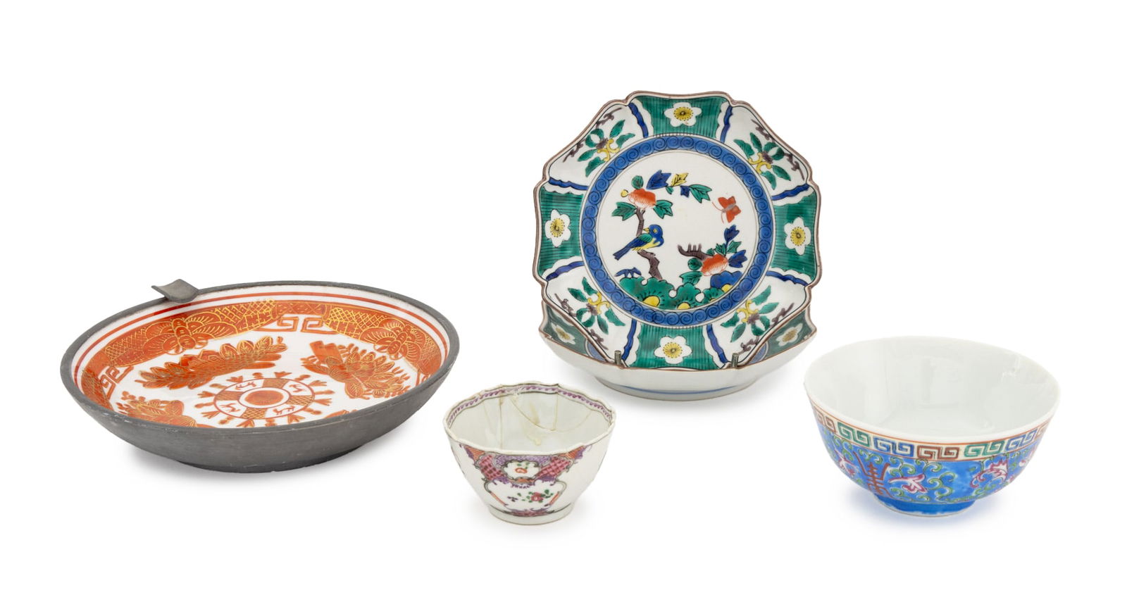 Chinese Hand-Enameled Porcelain Tableware, 5 Pcs.: Collection of Five Chinese Hand-Enameled Porcelain Tableware Pieces, comprising: pair of Wucai glazed floriform dishes, marked to underside, small famille rose porcelain tea bowl, larger tea bowl with